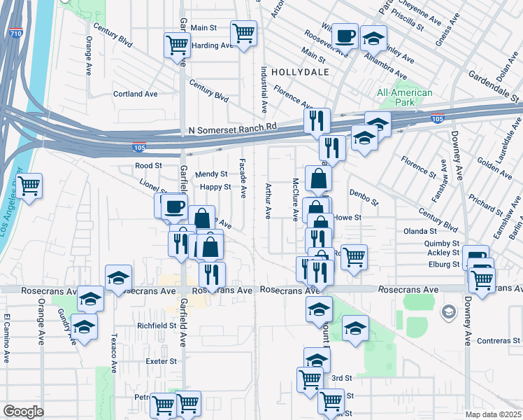 map of restaurants, bars, coffee shops, grocery stores, and more near 13955 Arthur Avenue in Paramount