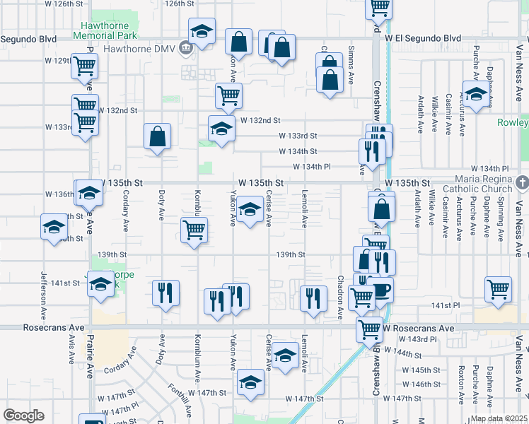 map of restaurants, bars, coffee shops, grocery stores, and more near 13621 Cerise Avenue in Hawthorne