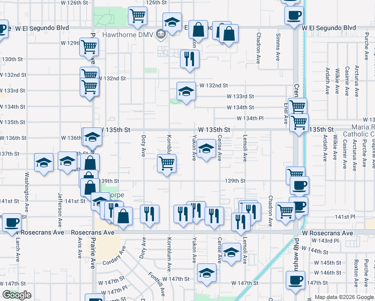 map of restaurants, bars, coffee shops, grocery stores, and more near 13616 Kornblum Avenue in Hawthorne