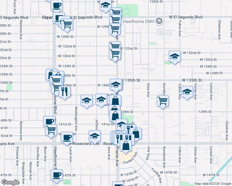 map of restaurants, bars, coffee shops, grocery stores, and more near 13663 Prairie Avenue in Hawthorne