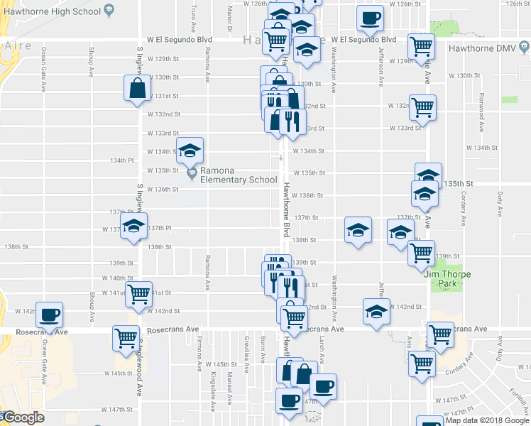 map of restaurants, bars, coffee shops, grocery stores, and more near 13719 Hawthorne Boulevard in Hawthorne