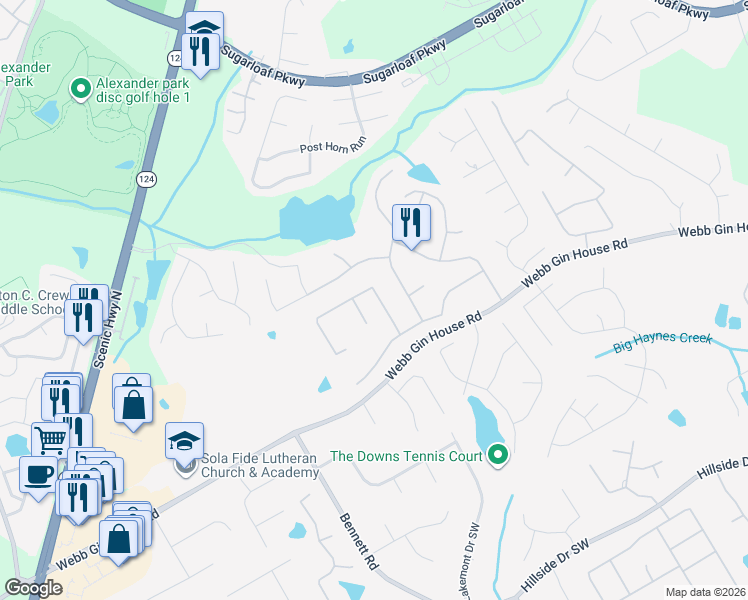 map of restaurants, bars, coffee shops, grocery stores, and more near 1731 Heatherglade Lane in Lawrenceville