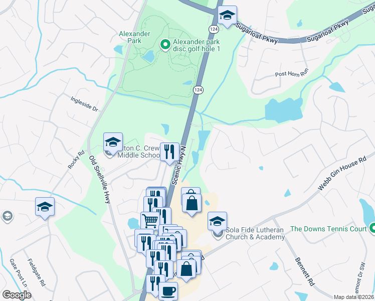 map of restaurants, bars, coffee shops, grocery stores, and more near 1185 Grassy Oat Lane Southwest in Lawrenceville