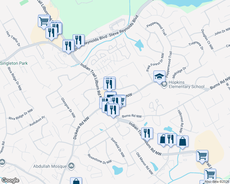 map of restaurants, bars, coffee shops, grocery stores, and more near 1195 Indian Way Northwest in Lilburn