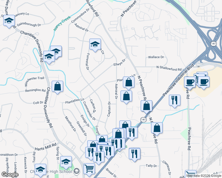 map of restaurants, bars, coffee shops, grocery stores, and more near 3918 Captain Drive in Chamblee