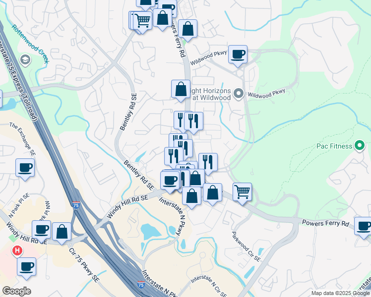 map of restaurants, bars, coffee shops, grocery stores, and more near 1920 Powers Ferry Road in Marietta