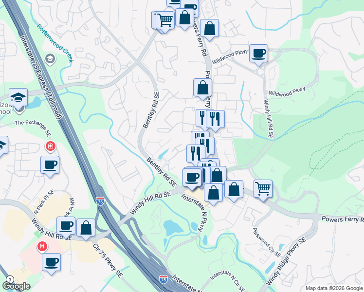 map of restaurants, bars, coffee shops, grocery stores, and more near 1962 Spectrum Circle in Marietta