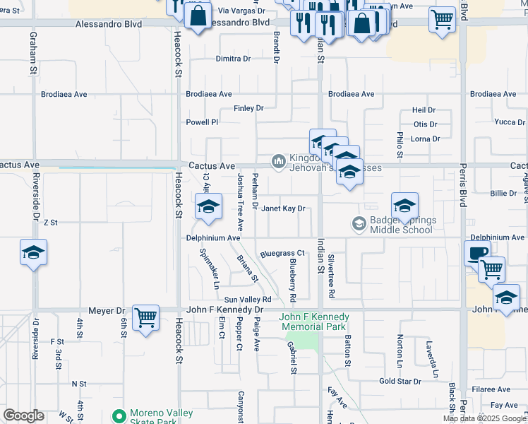 map of restaurants, bars, coffee shops, grocery stores, and more near 14671 Wilma Sue Street in Moreno Valley