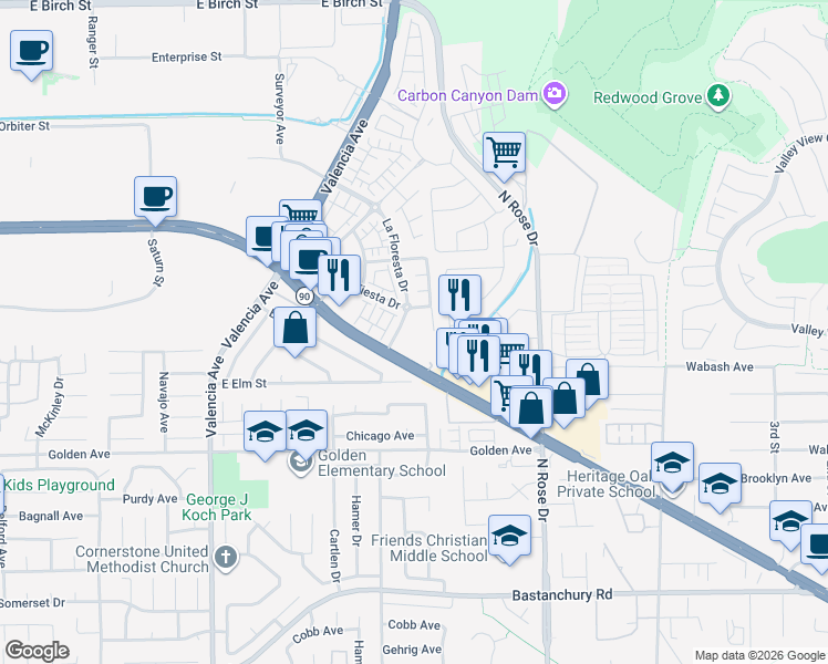 map of restaurants, bars, coffee shops, grocery stores, and more near 460 La Floresta Drive in Brea