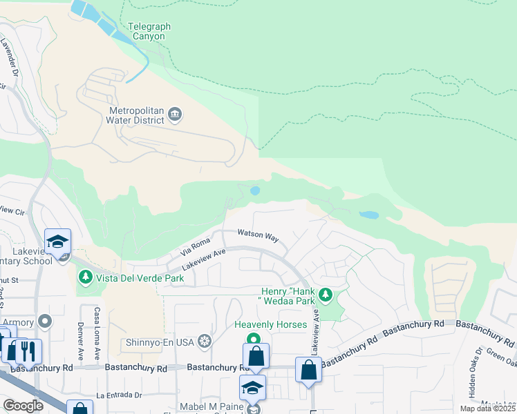 map of restaurants, bars, coffee shops, grocery stores, and more near 18257 Nicklaus Road in Yorba Linda