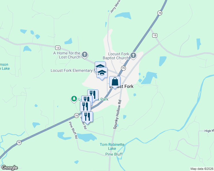 map of restaurants, bars, coffee shops, grocery stores, and more near 77 School Road in Locust Fork