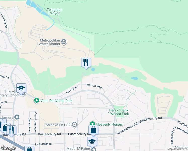 map of restaurants, bars, coffee shops, grocery stores, and more near 18257 Nicklaus Road in Yorba Linda