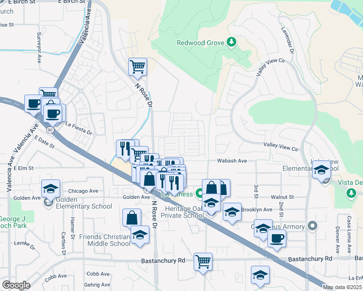 map of restaurants, bars, coffee shops, grocery stores, and more near 16950 Lake Park Way in Yorba Linda