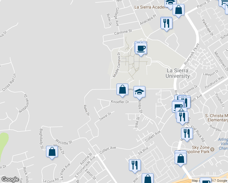 map of restaurants, bars, coffee shops, grocery stores, and more near 12056 Raley Drive in Riverside