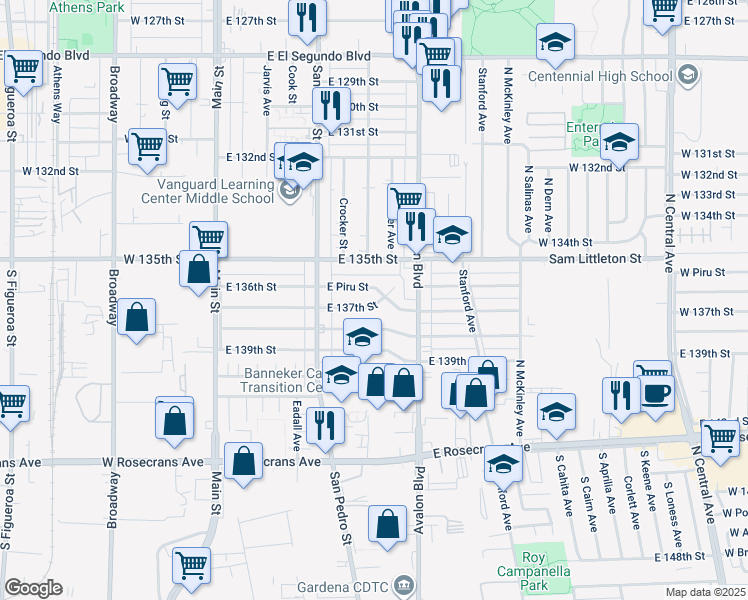 map of restaurants, bars, coffee shops, grocery stores, and more near 375 East 137th Street in Los Angeles