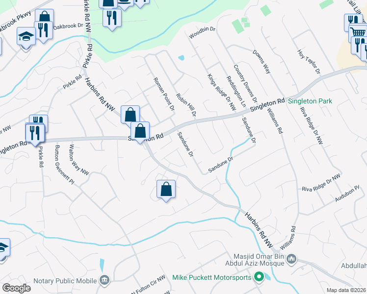 map of restaurants, bars, coffee shops, grocery stores, and more near 833 Sandune Drive in Norcross
