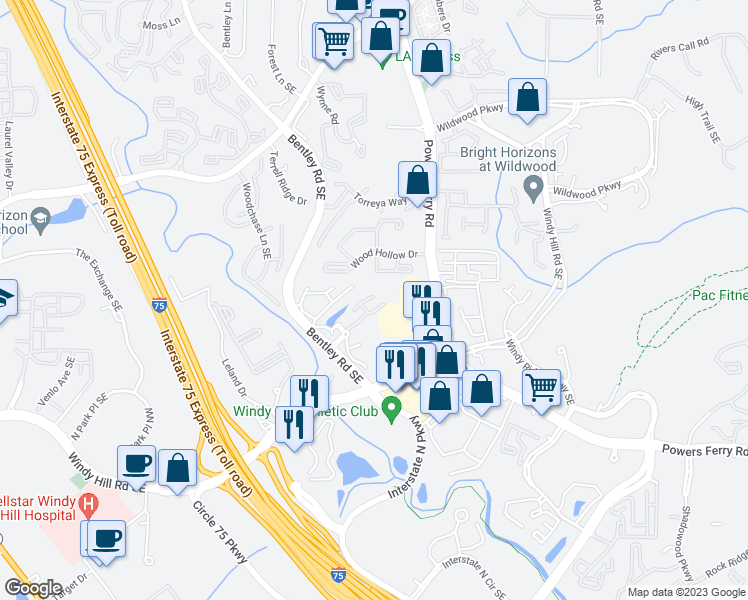 map of restaurants, bars, coffee shops, grocery stores, and more near 1962 Spectrum Circle in Marietta