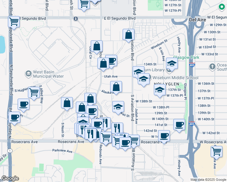 map of restaurants, bars, coffee shops, grocery stores, and more near 2345 Alaska Avenue in El Segundo