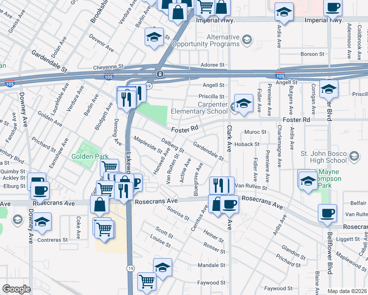 map of restaurants, bars, coffee shops, grocery stores, and more near 137 Birkhall Avenue in Bellflower