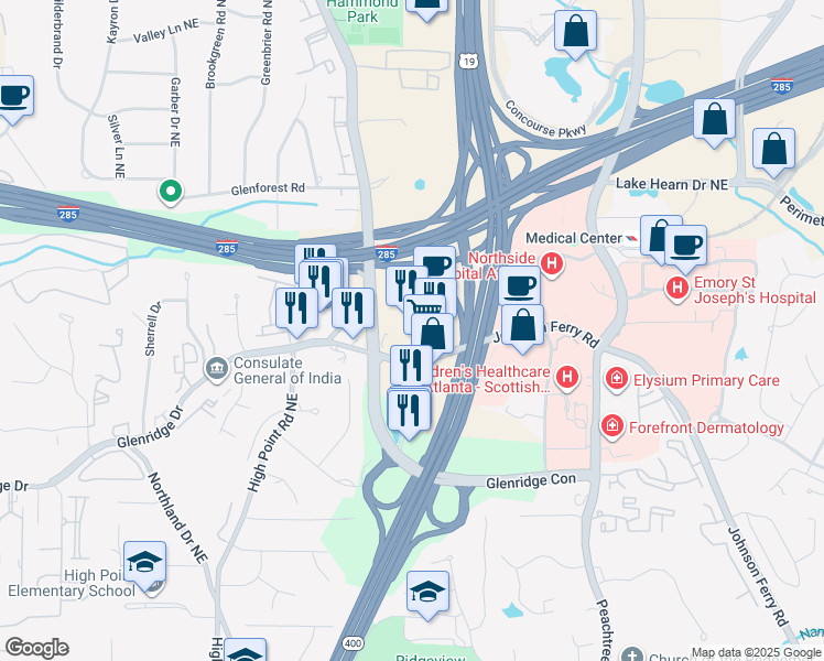map of restaurants, bars, coffee shops, grocery stores, and more near 111 Glenridge Point Parkway in Sandy Springs