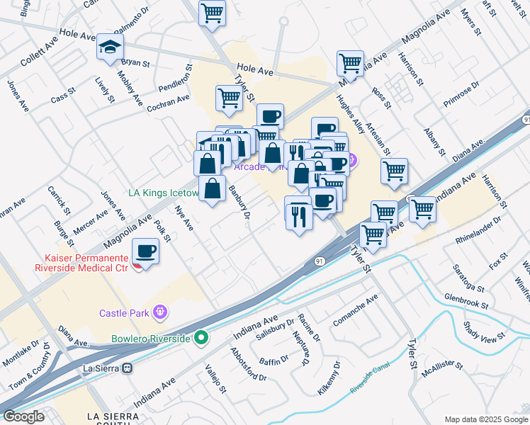 map of restaurants, bars, coffee shops, grocery stores, and more near 3625 Banbury Drive in Riverside