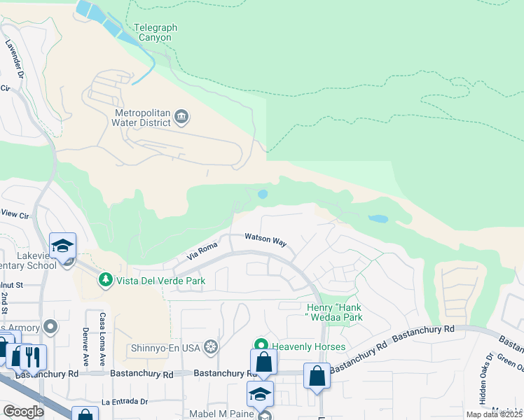map of restaurants, bars, coffee shops, grocery stores, and more near 18315 Nicklaus Road in Yorba Linda