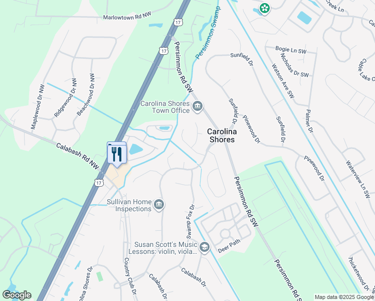 map of restaurants, bars, coffee shops, grocery stores, and more near 9 Oakbark Court in Carolina Shores