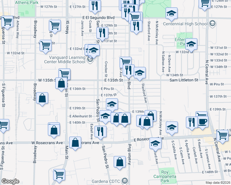 map of restaurants, bars, coffee shops, grocery stores, and more near 375 East 137th Street in Los Angeles