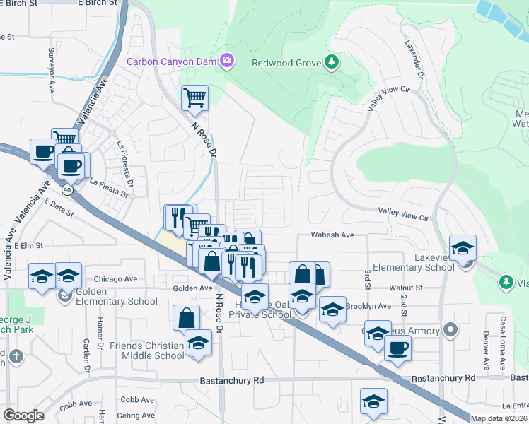map of restaurants, bars, coffee shops, grocery stores, and more near 3731 Lakeside Drive in Yorba Linda