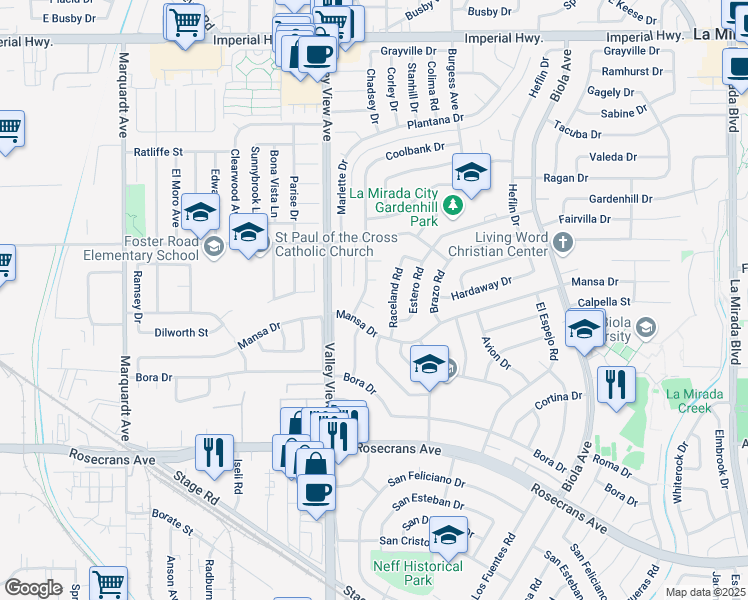 map of restaurants, bars, coffee shops, grocery stores, and more near 13534 De Alcala Drive in La Mirada