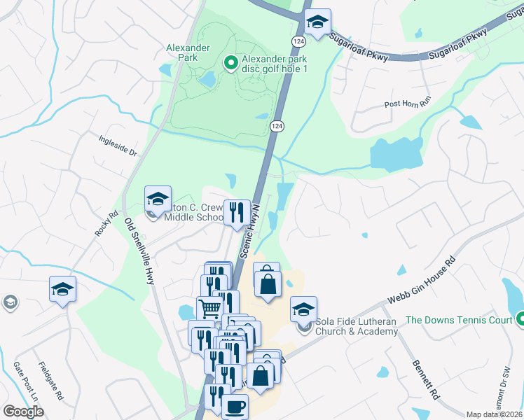 map of restaurants, bars, coffee shops, grocery stores, and more near 1183 Grassy Oat Lane Southwest in Lawrenceville