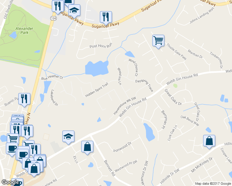 map of restaurants, bars, coffee shops, grocery stores, and more near 1731 Heatherglade Lane in Lawrenceville