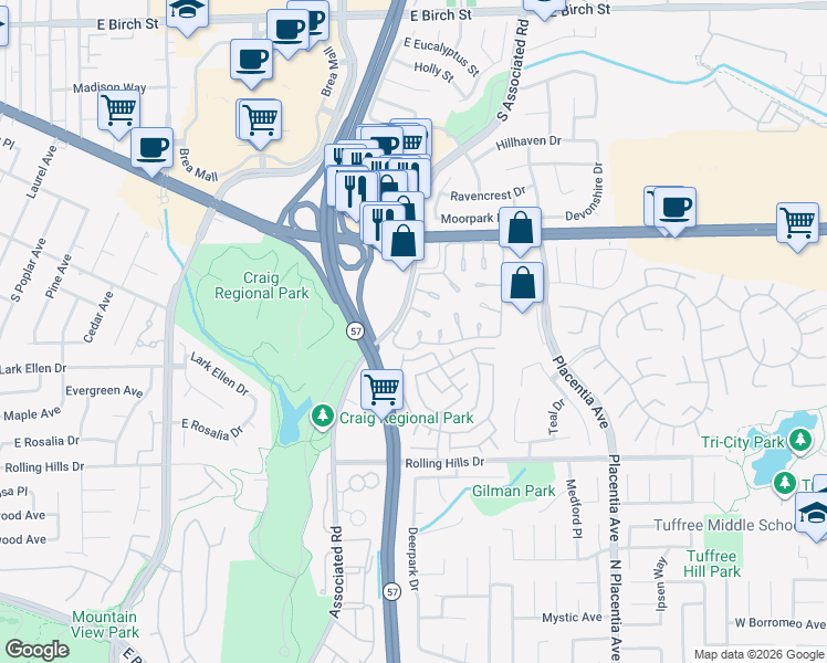 map of restaurants, bars, coffee shops, grocery stores, and more near 2993 Gingerwood Circle in Fullerton