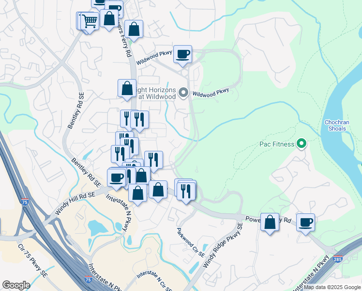 map of restaurants, bars, coffee shops, grocery stores, and more near 1875 Cedar Glenn Way in Atlanta