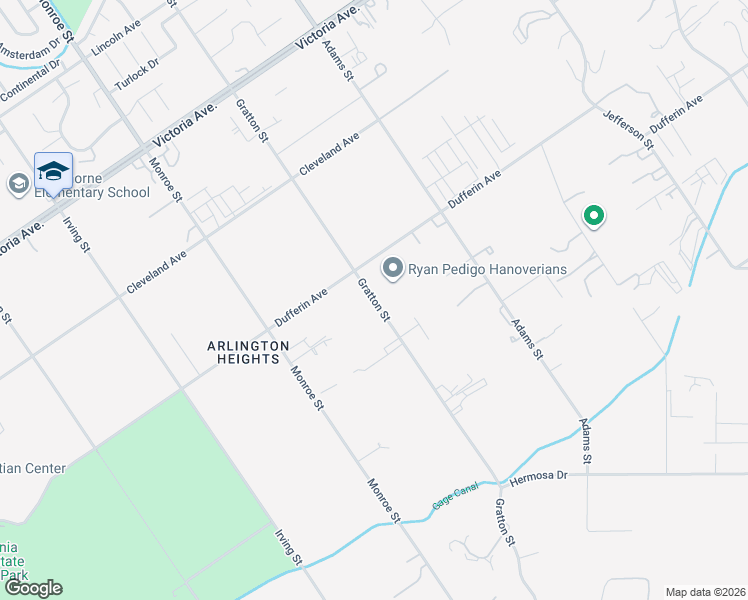 map of restaurants, bars, coffee shops, grocery stores, and more near Gratton Street in Riverside