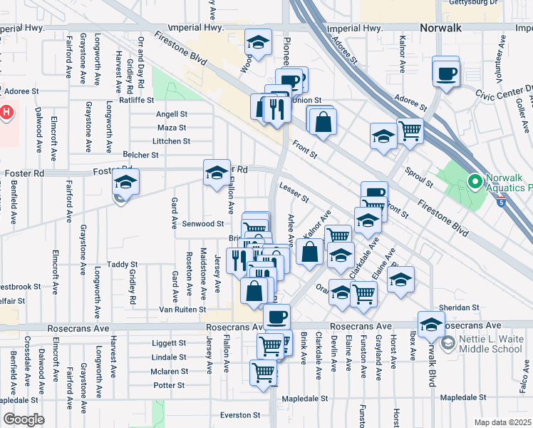 map of restaurants, bars, coffee shops, grocery stores, and more near in Norwalk