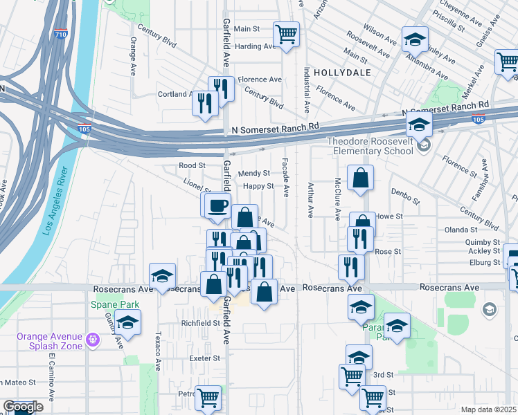 map of restaurants, bars, coffee shops, grocery stores, and more near 13941 Brightwell Avenue in Paramount