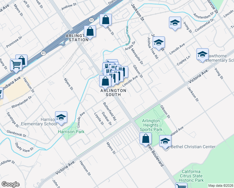 map of restaurants, bars, coffee shops, grocery stores, and more near 9510 Lincoln Avenue in Riverside