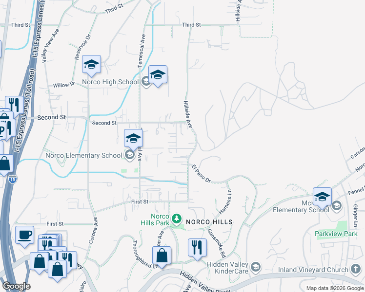 map of restaurants, bars, coffee shops, grocery stores, and more near 1756 Daugherty Road in Norco