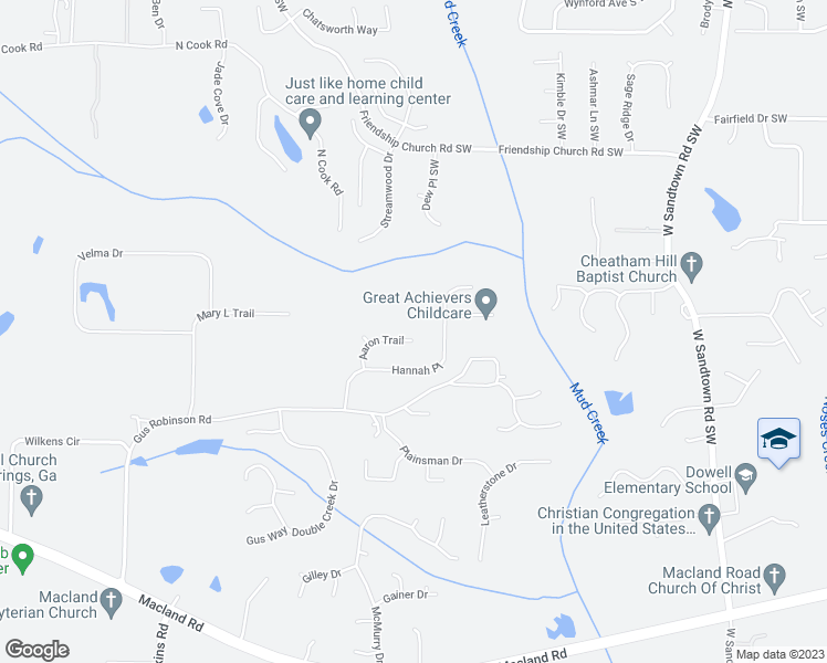 map of restaurants, bars, coffee shops, grocery stores, and more near 3450 Aaron Trail in Powder Springs