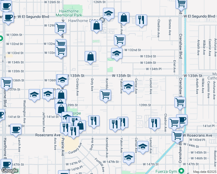 map of restaurants, bars, coffee shops, grocery stores, and more near 13608 Kornblum Avenue in Hawthorne