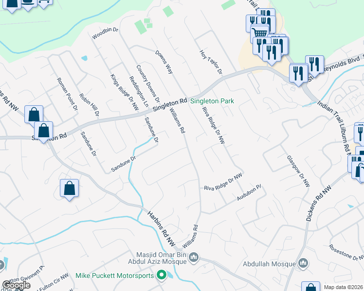 map of restaurants, bars, coffee shops, grocery stores, and more near 5211 Williams Road in Norcross