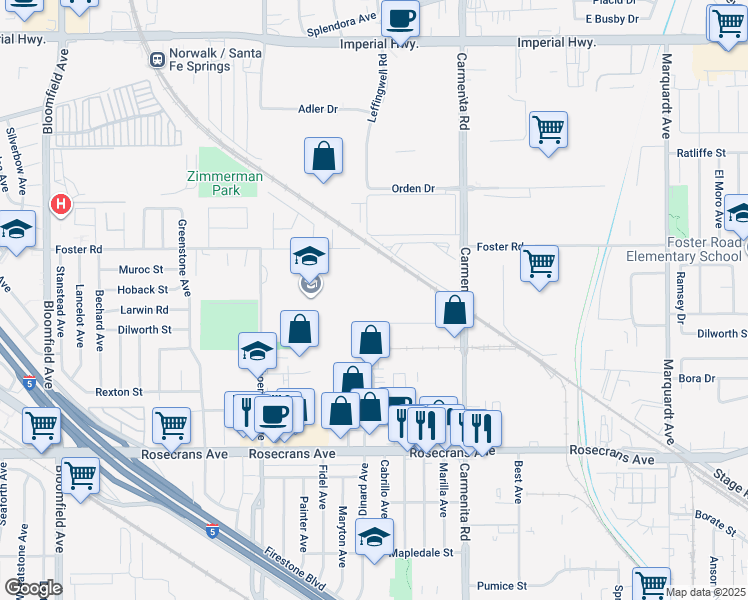 map of restaurants, bars, coffee shops, grocery stores, and more near 13215 Cambridge Street in Santa Fe Springs