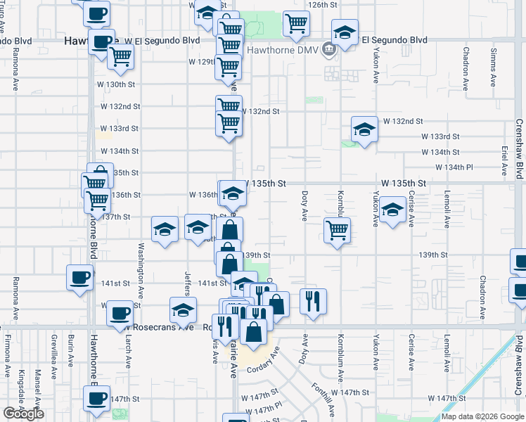 map of restaurants, bars, coffee shops, grocery stores, and more near 13637 Cordary Avenue in Hawthorne