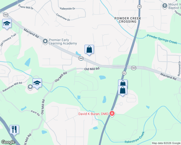 map of restaurants, bars, coffee shops, grocery stores, and more near 1198 Old Mill Road in Dallas
