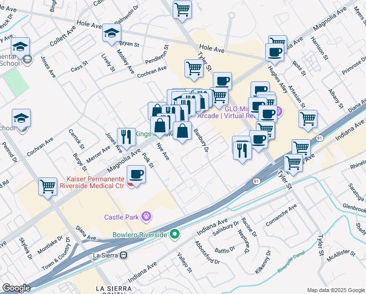 map of restaurants, bars, coffee shops, grocery stores, and more near 10540 Magnolia Avenue in Riverside