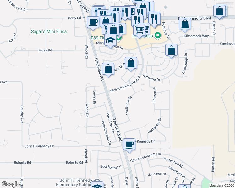 map of restaurants, bars, coffee shops, grocery stores, and more near 7888 Mission Grove Parkway South in Riverside