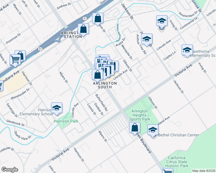 map of restaurants, bars, coffee shops, grocery stores, and more near 9510 Lincoln Avenue in Riverside