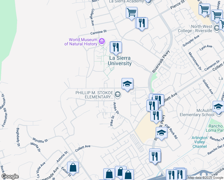 map of restaurants, bars, coffee shops, grocery stores, and more near 4570 Ambs Drive in Riverside