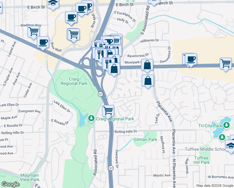 map of restaurants, bars, coffee shops, grocery stores, and more near 2993 Gingerwood Circle in Fullerton